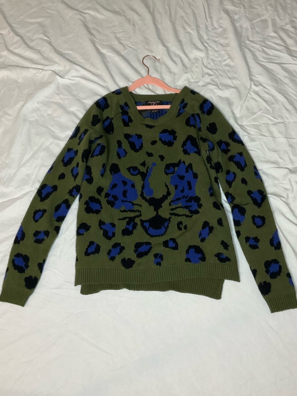 Hooked Up by IOT Olive Green Sweater with Blue Leopard Motif